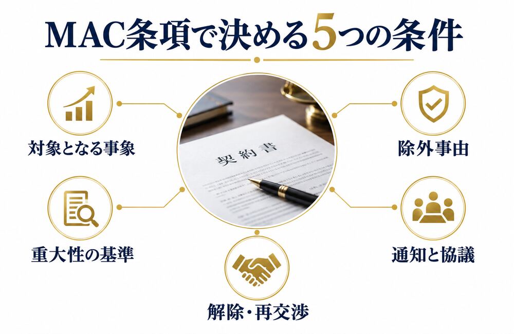 MAC条項で決める対象事象・重大性・除外事由・通知協議・解除再交渉の5条件