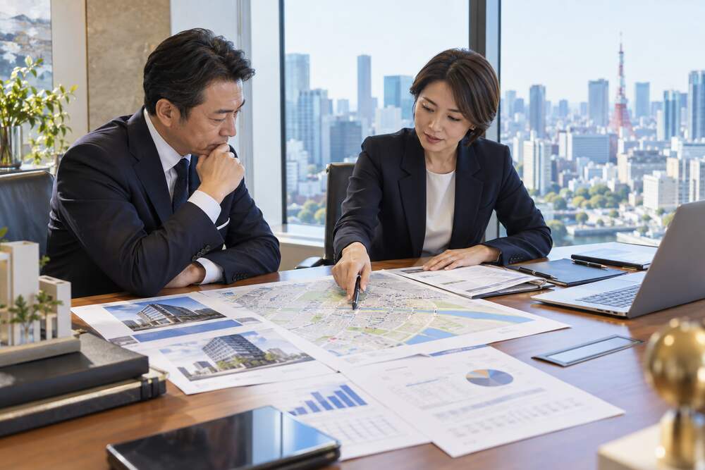 東京の不動産資料を確認する会社経営者と専門家