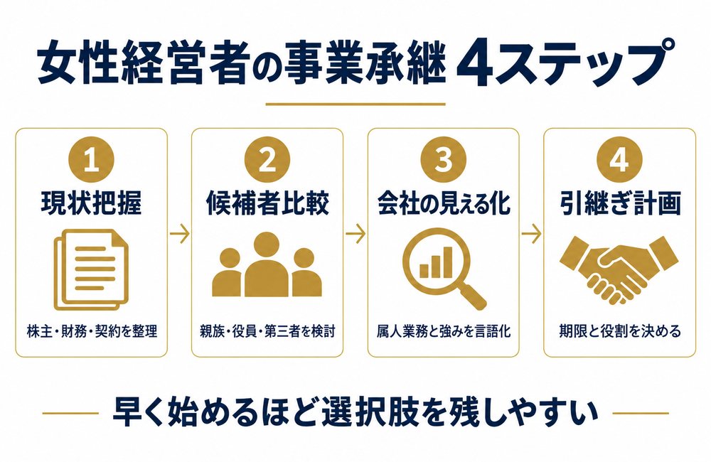 女性経営者が事業承継を進める現状把握・候補者比較・会社の見える化・引継ぎ計画の4ステップ