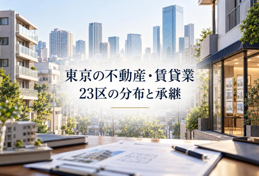 東京の住宅街と高層ビルを背景に、不動産・賃貸業の23区の分布と承継を示す画像