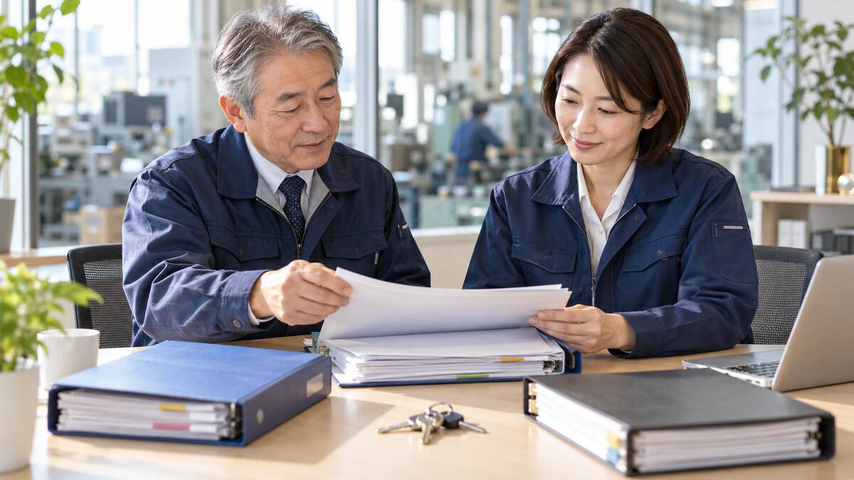 会社売却に伴う顧客契約と事業の引継ぎを確認するオーナー社長と後継者