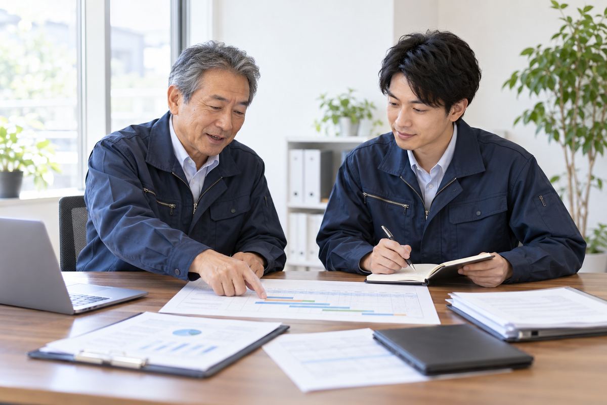 売却後の引継ぎ内容と担当期限を元オーナーと後継者が確認する場面