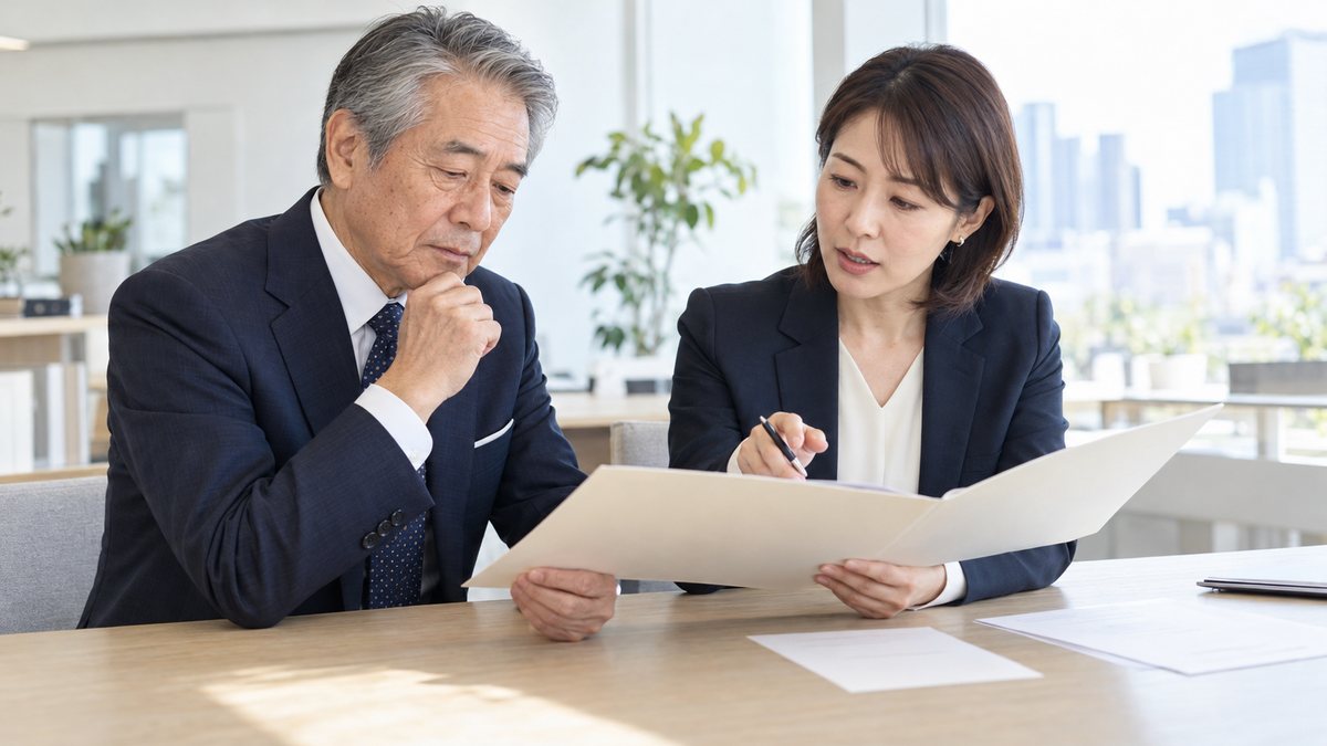 会社売却に伴う取引先への説明を打ち合わせるオーナー社長と営業責任者
