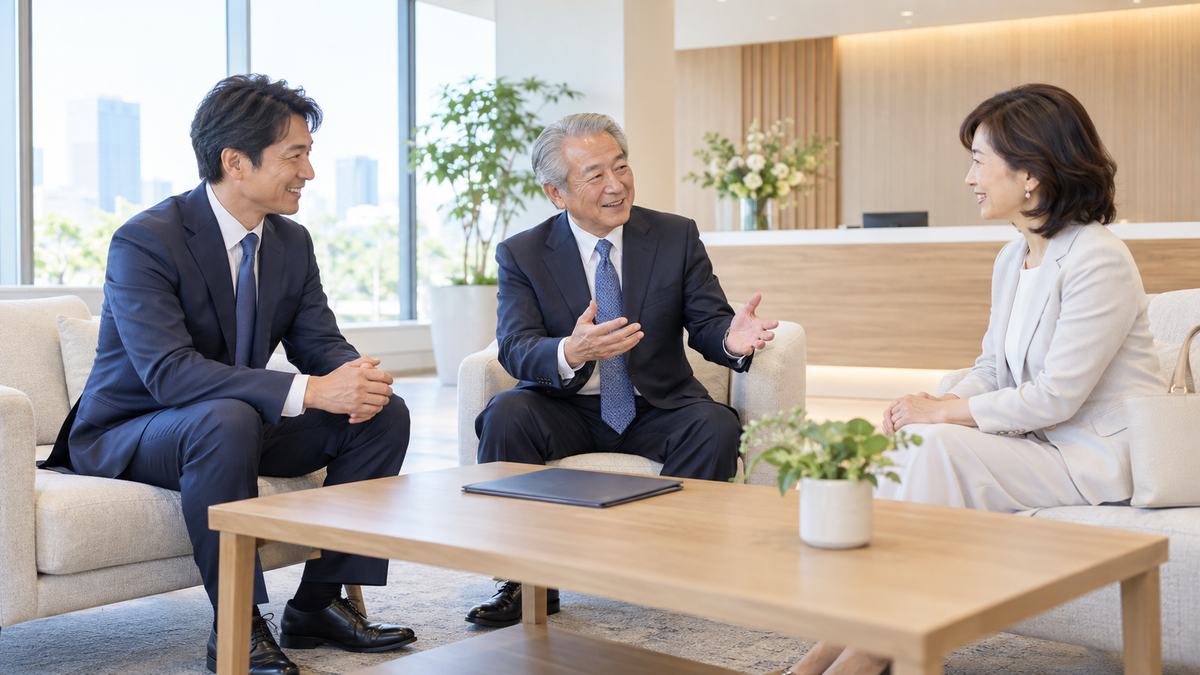 長年の取引先に新しい責任者を紹介するオーナー社長