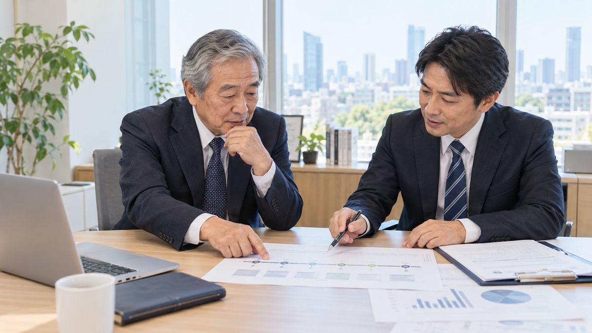 事業承継の計画を一緒に確認する東京のオーナー社長と後継者候補