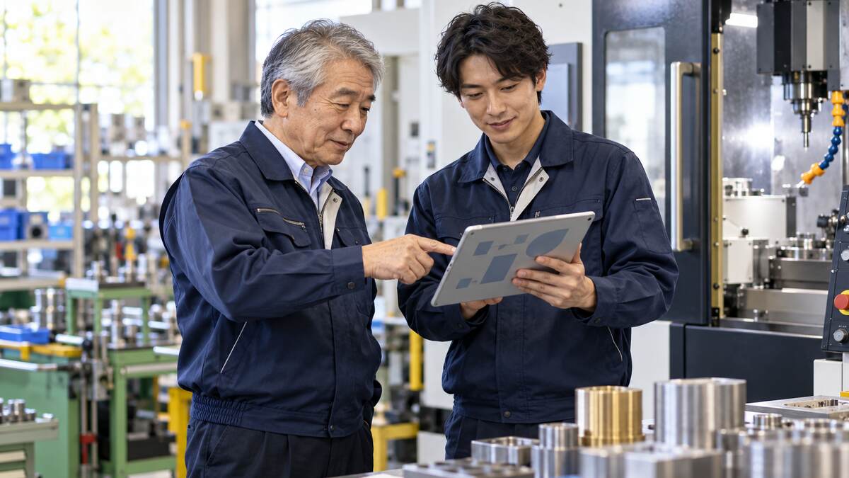 事業承継後の設備投資計画を話し合う経営者と後継者