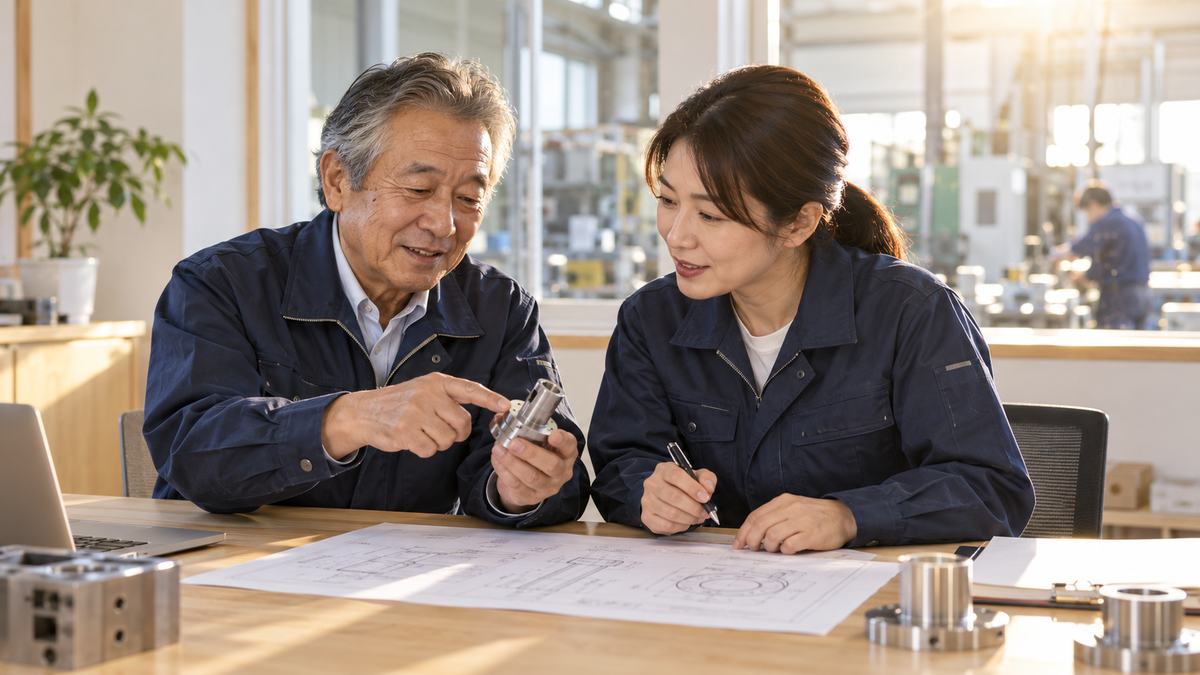 工場で培った技術と今後の設備投資について、オーナー社長と後継者が一緒に検討するイメージ