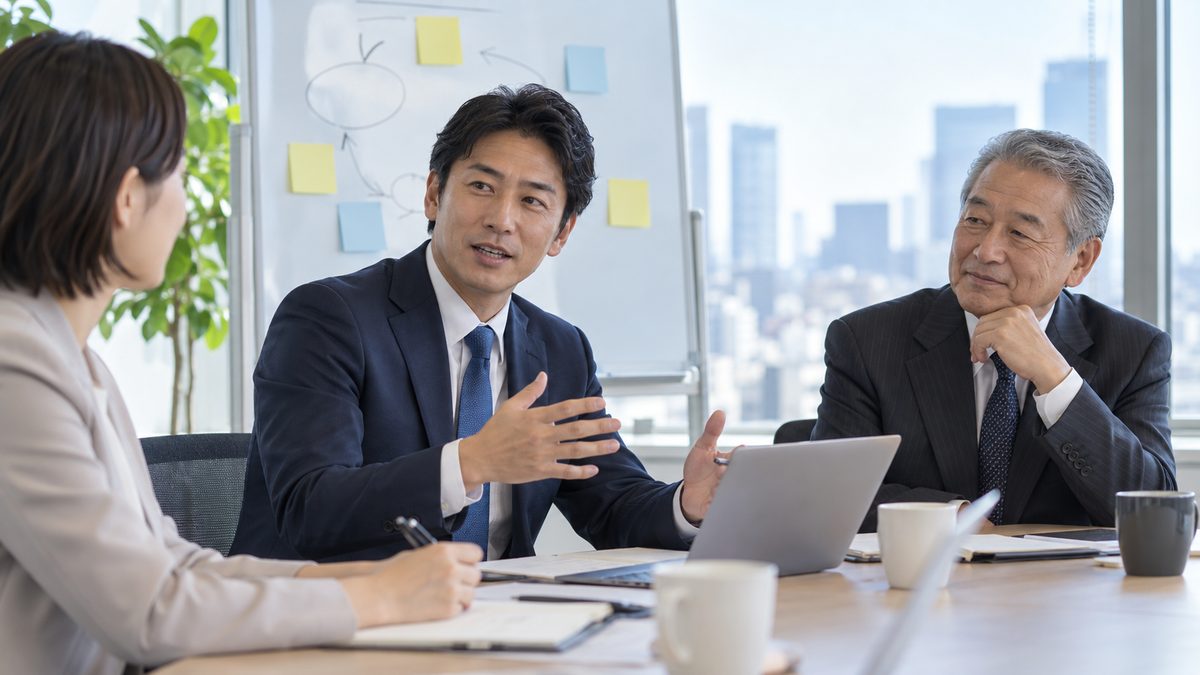 後継者候補が経営会議を進めオーナー社長が見守る様子