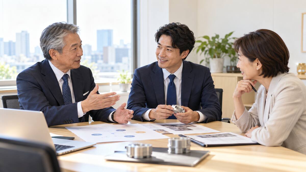 取引先との打ち合わせで後継者を紹介する現経営者