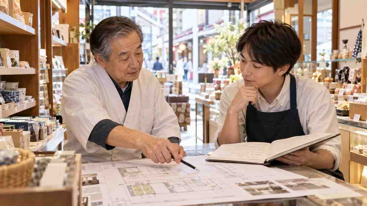 商店街の店舗承継について話し合う現経営者と後継者