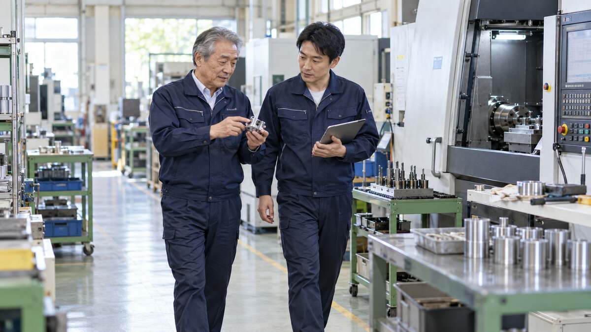 工場で製品を確認しながら経営ノウハウを共有する現経営者と後継者
