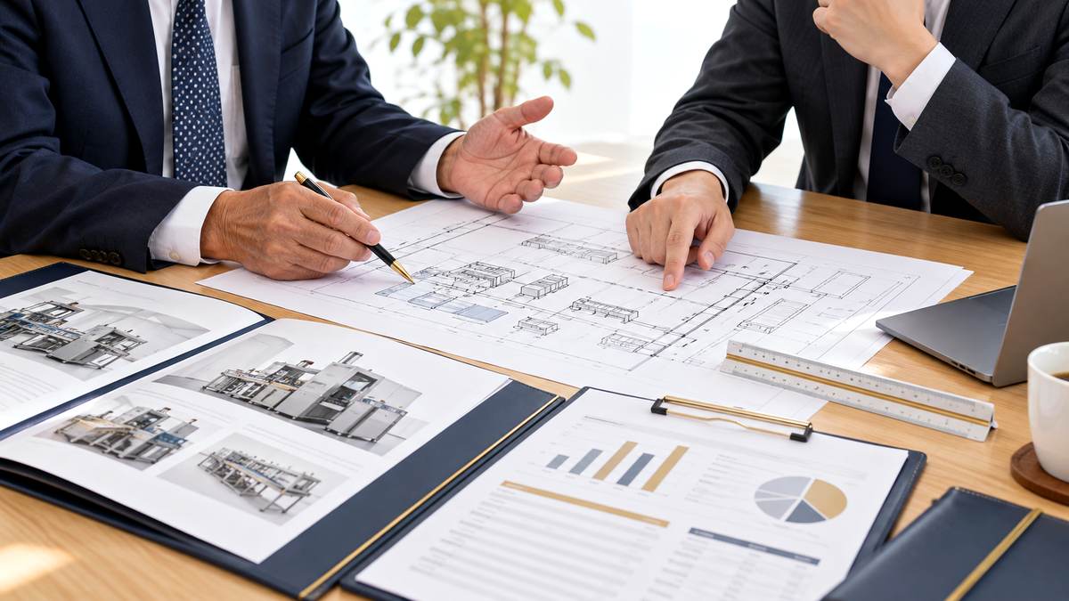 工場統合の図面・設備見積り・資金計画を確認する経営者と承継担当者
