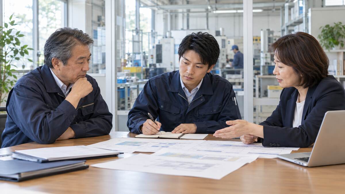 後継者と事業承継の進め方を話し合う東京都内の中小企業
